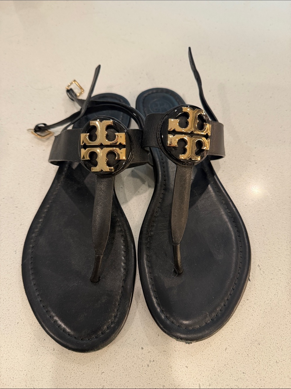 Tory Burch Black Leather Thong Sandals with Gold Logo